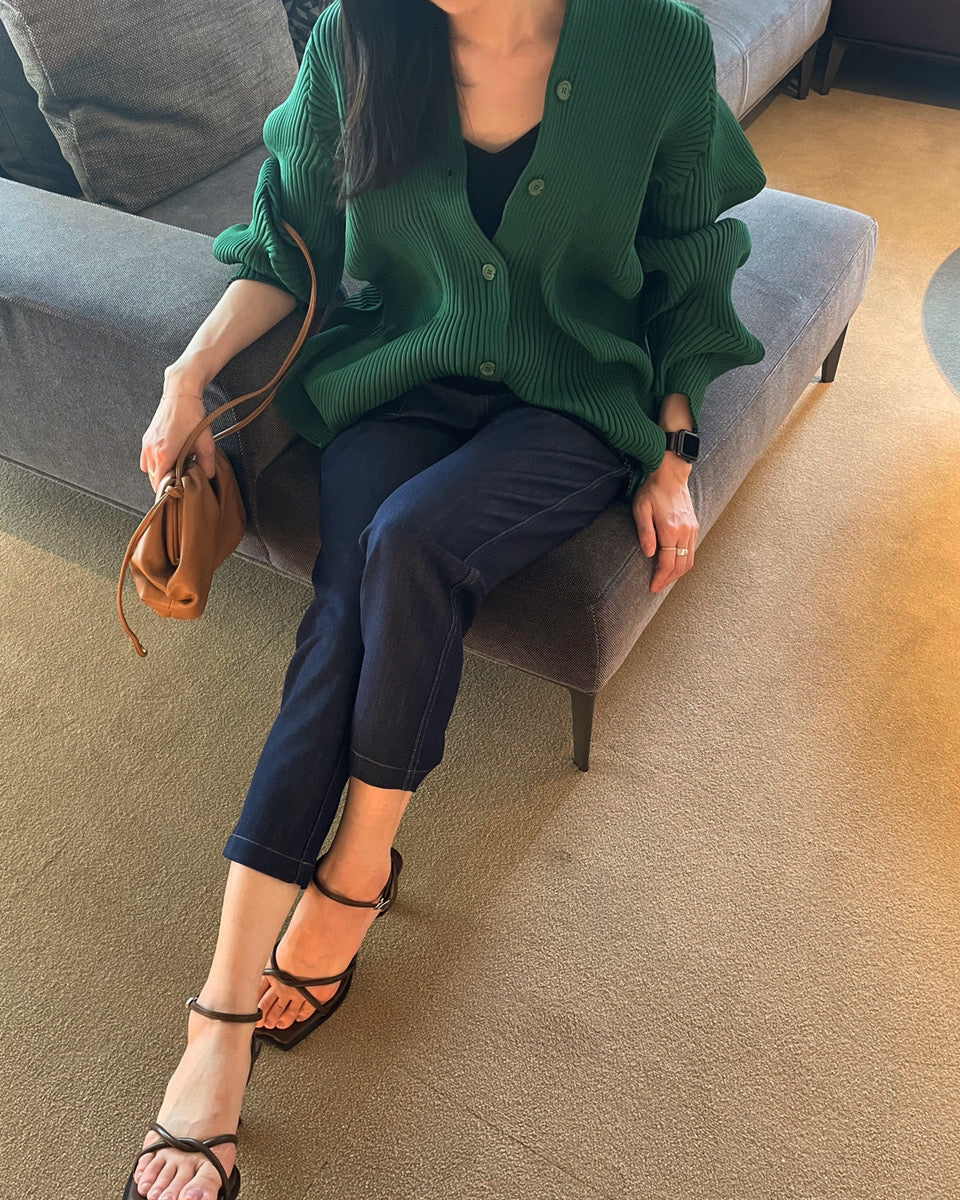 Green deformation ribbed cardigan H3386