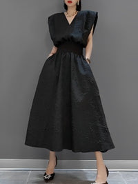 Deep V Neck Embossed Dress_HL3616 - HELROUS