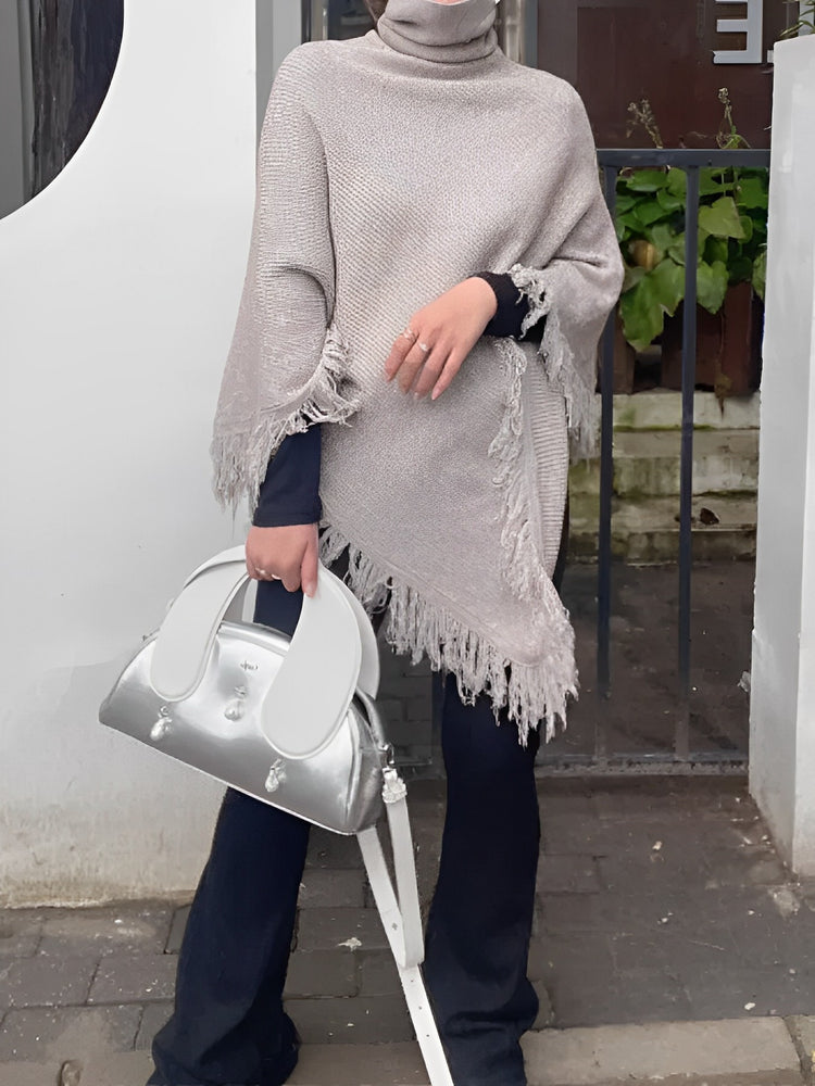 Turtleneck Fringe Knit Poncho HL3818