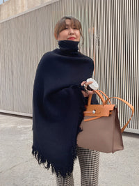 Turtleneck Fringe Knit Poncho HL3818