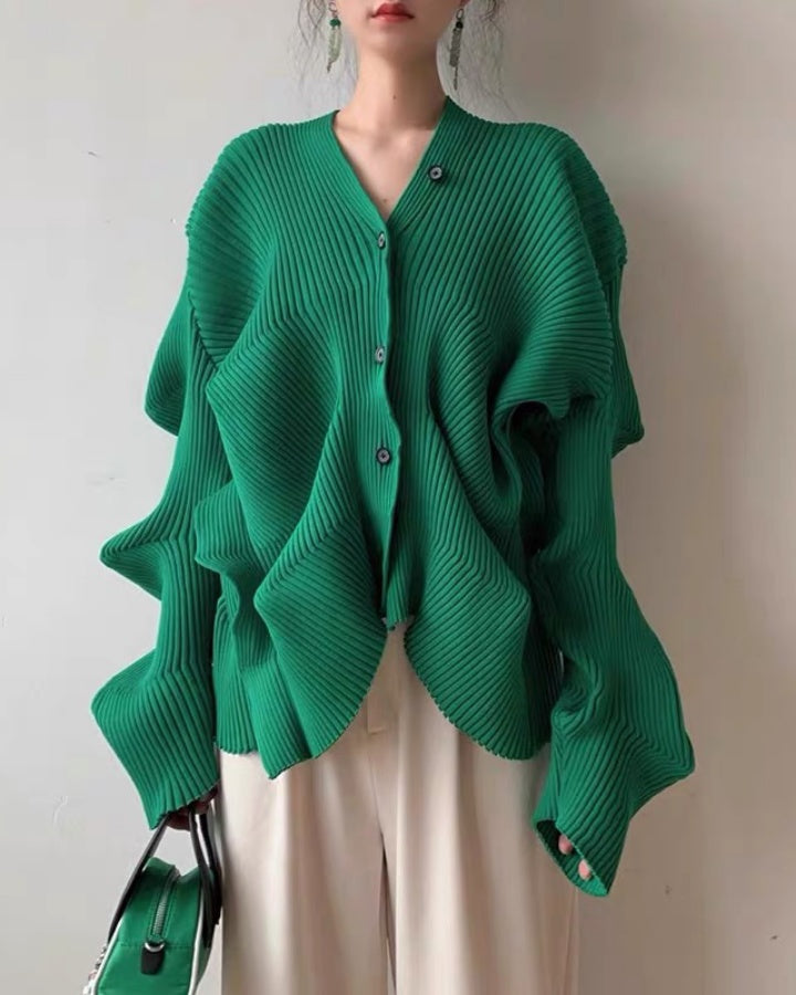Green deformation ribbed cardigan H3386