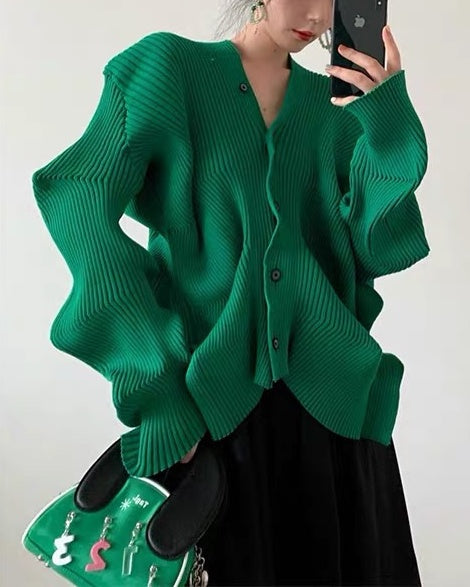 Green deformation ribbed cardigan H3386