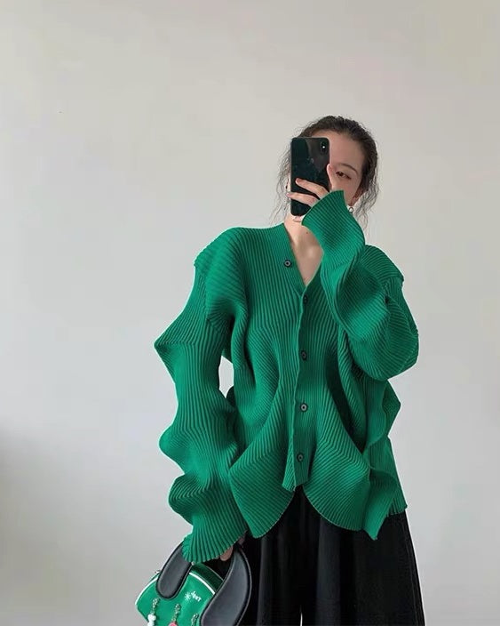 Green deformation ribbed cardigan H3386