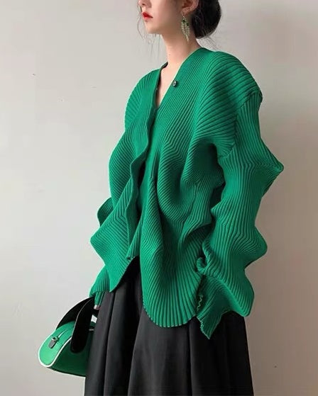 Green deformation ribbed cardigan H3386