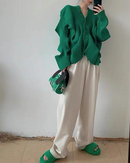 Green deformation ribbed cardigan H3386