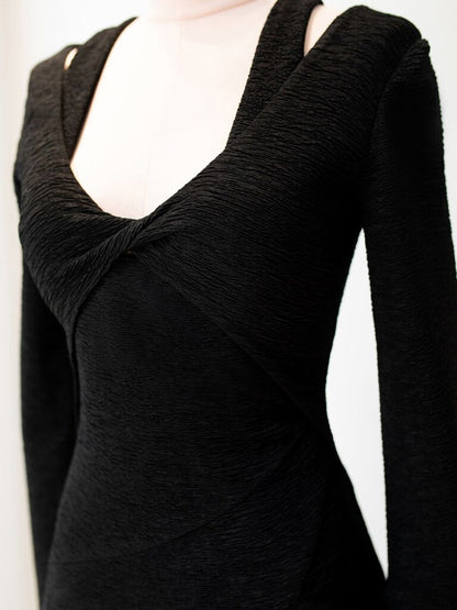 블랙 simple hanging neck dress_N80011