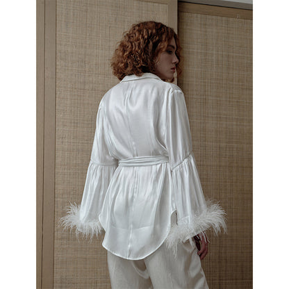 Trumpet feather sleeve top and elastic waist pants
