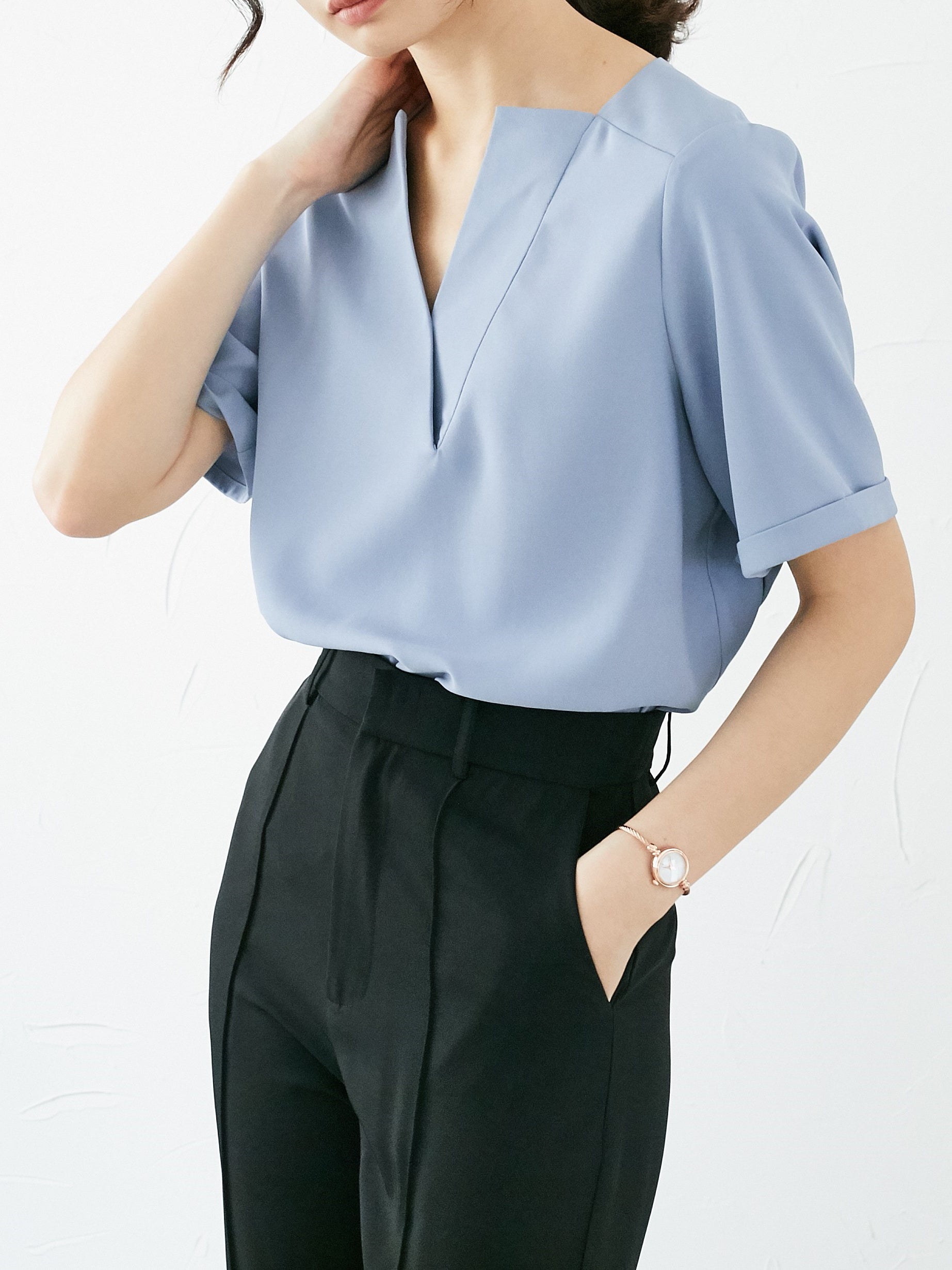 Deep V-neck chiffon shirt_8977