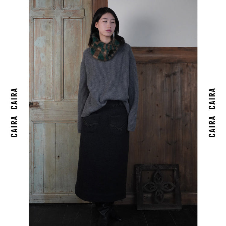 Black Algae Green Fluffy Wool Skirt_N80742