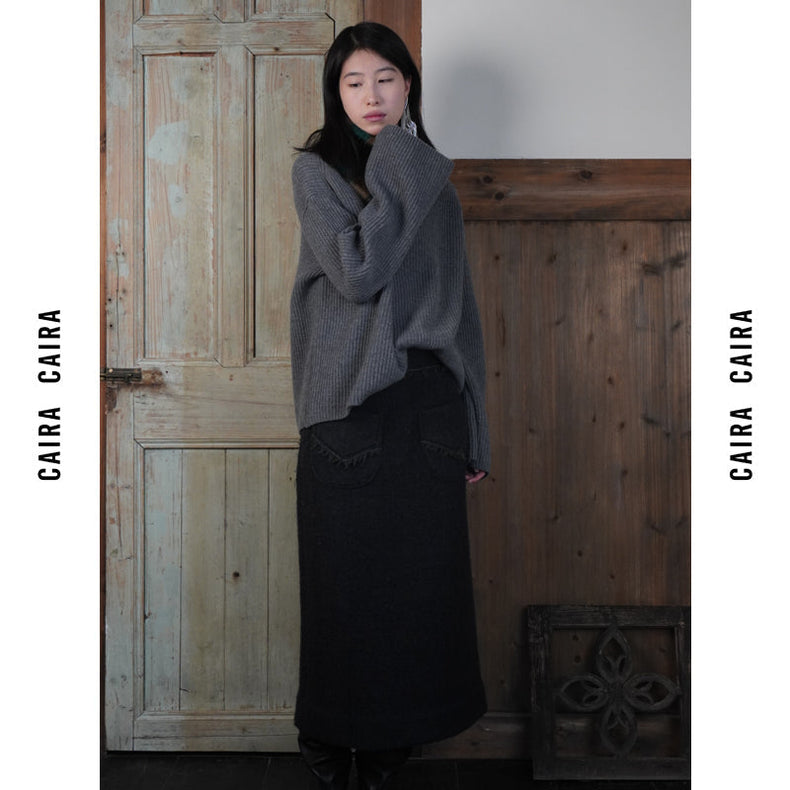 Black Algae Green Fluffy Wool Skirt_N80742