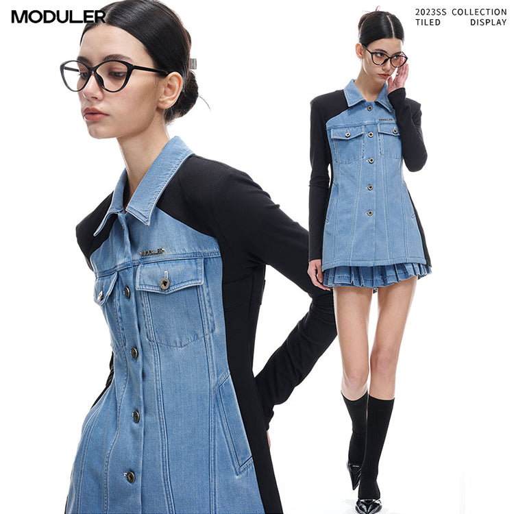 Knitted waist slim denim dress_DI100064