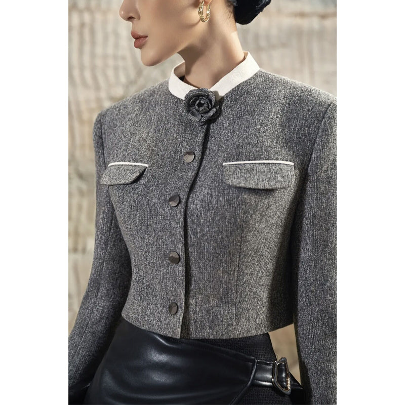 long-sleeved short coat or high waist leather skirt_N80008