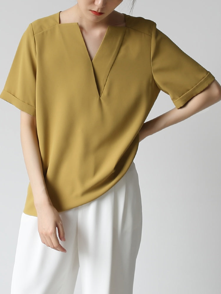 Deep V-neck chiffon shirt_8977