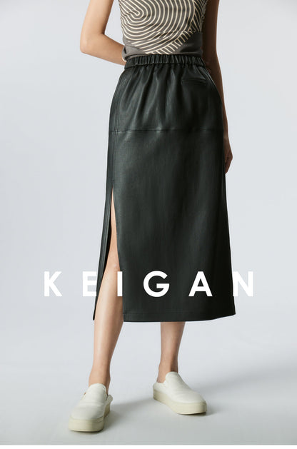 Sheepskin minimalist slit leather skirt