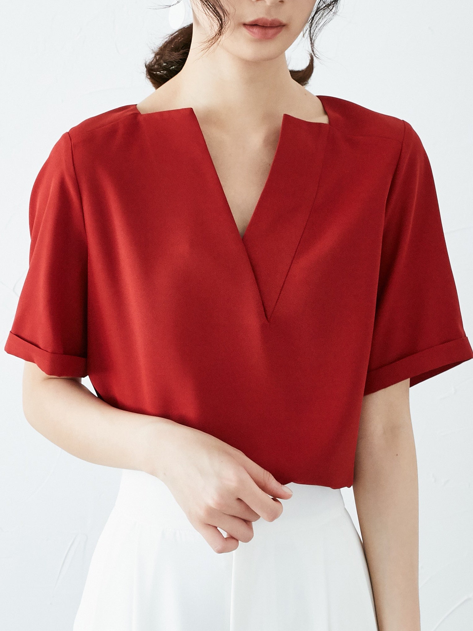 Deep V-neck chiffon shirt_8977