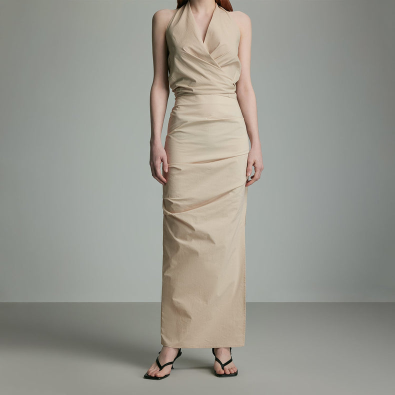 Khaki Pleated Split Skirt_DI100235 - HELROUS