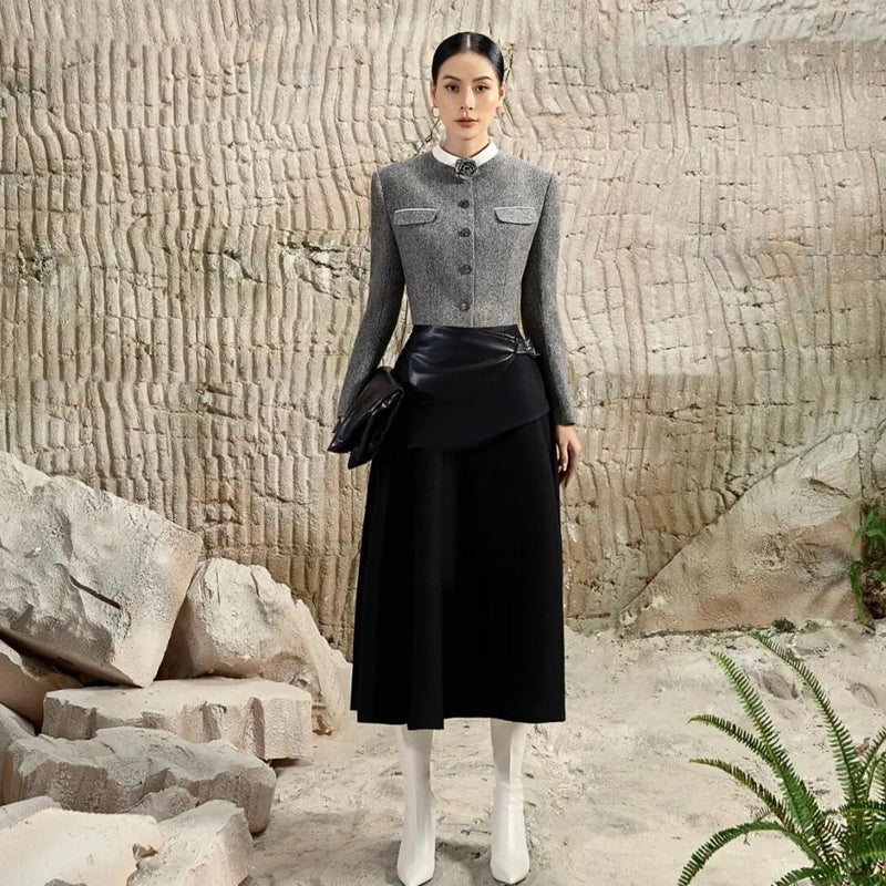 long-sleeved short coat or high waist leather skirt_N80008