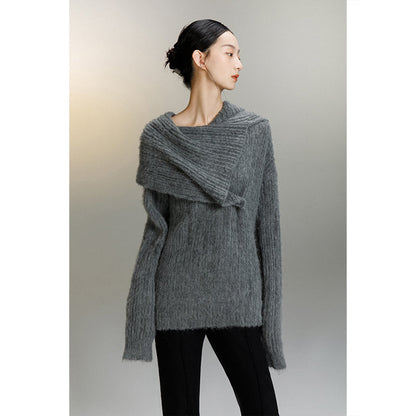 One-shoulder wrap design slender sweater_N80346