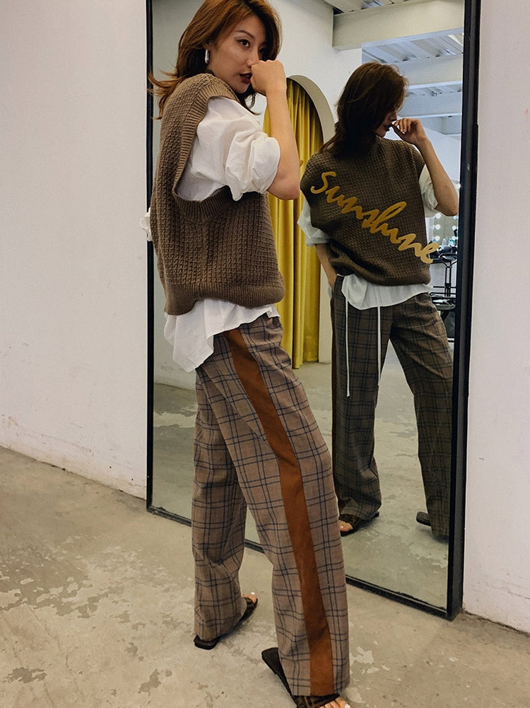 Stitched Leather Check High Waist Pants_LCHK/5220