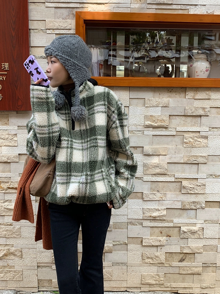 Plaid fleece hoodie pullover top_BDHL5394