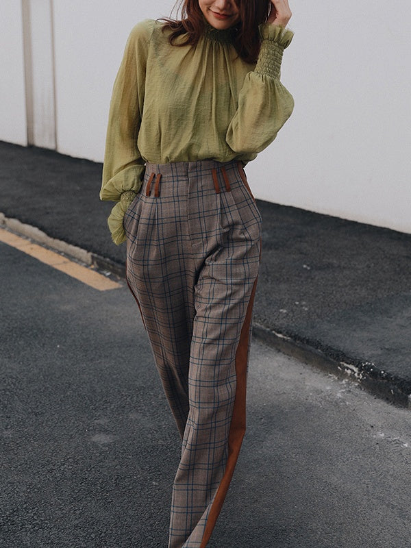 Stitched Leather Check High Waist Pants_LCHK/5220