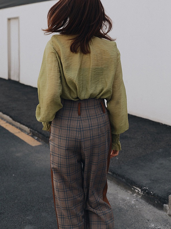 Stitched Leather Check High Waist Pants_LCHK/5220