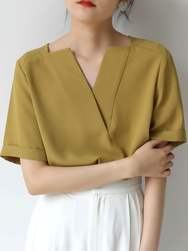 Deep V-neck chiffon shirt_8977
