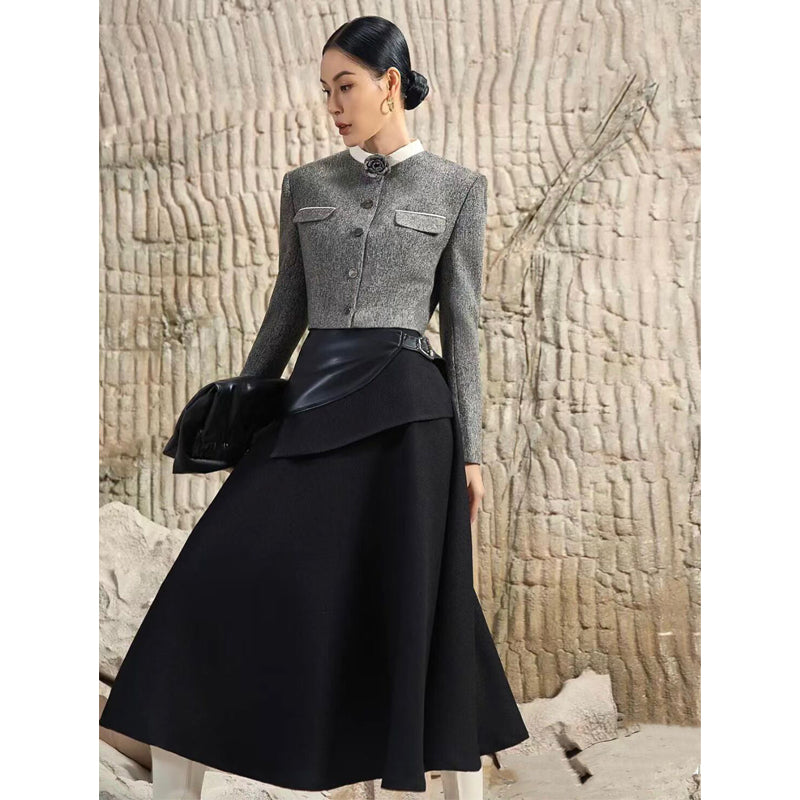 long-sleeved short coat or high waist leather skirt_N80008