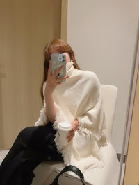 Turtleneck Fringe Knit Poncho HL3818