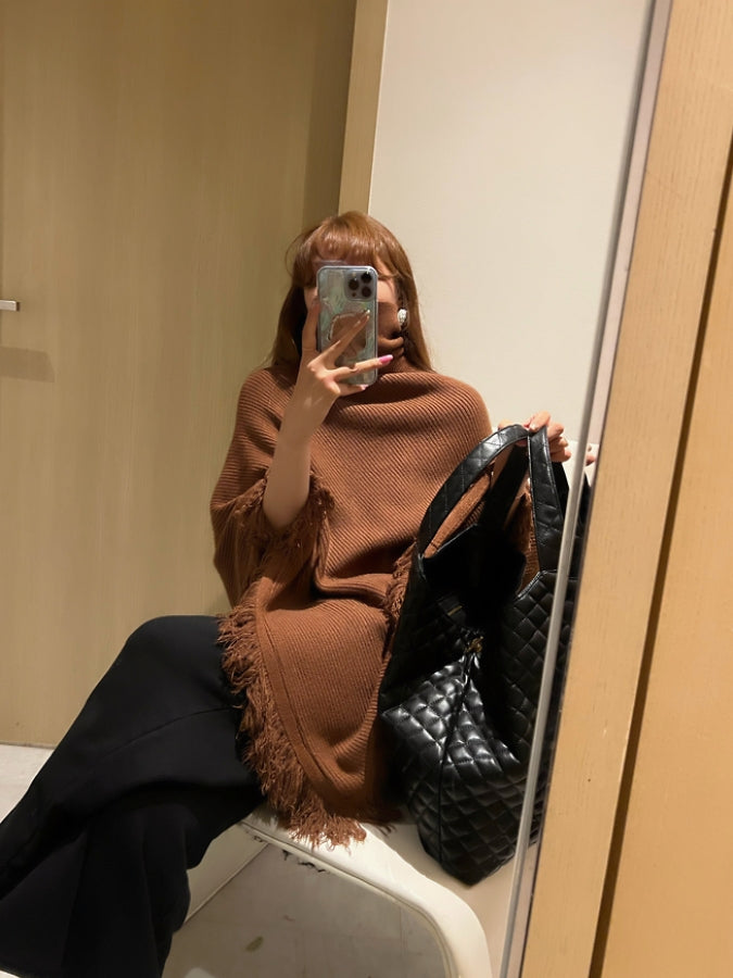 Turtleneck Fringe Knit Poncho HL3818