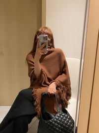 Turtleneck Fringe Knit Poncho HL3818