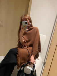 Turtleneck Fringe Knit Poncho HL3818