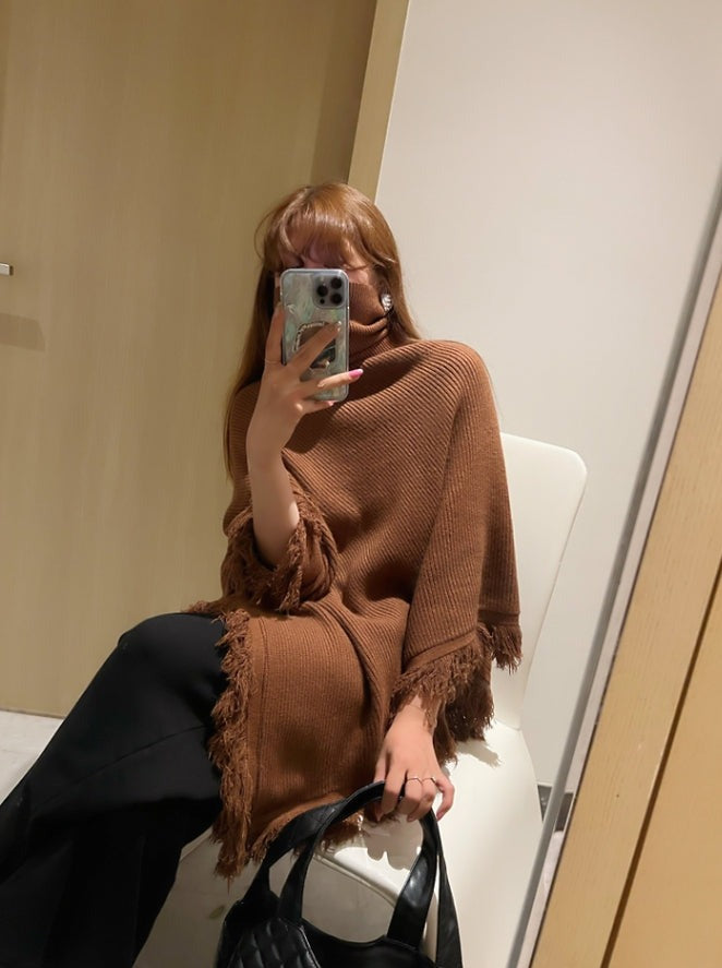 Turtleneck Fringe Knit Poncho HL3818