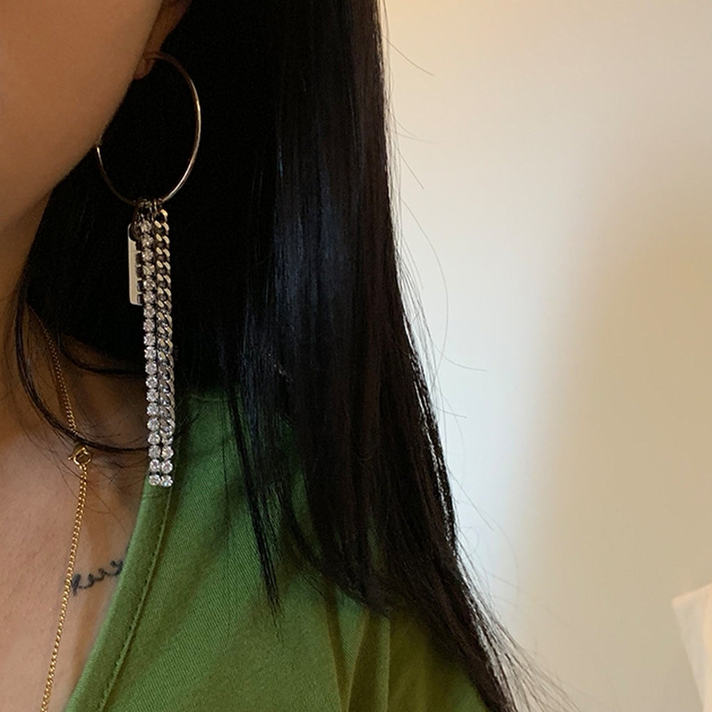 Tassel Chain Hoop Asymmetrical Earrings_5512
