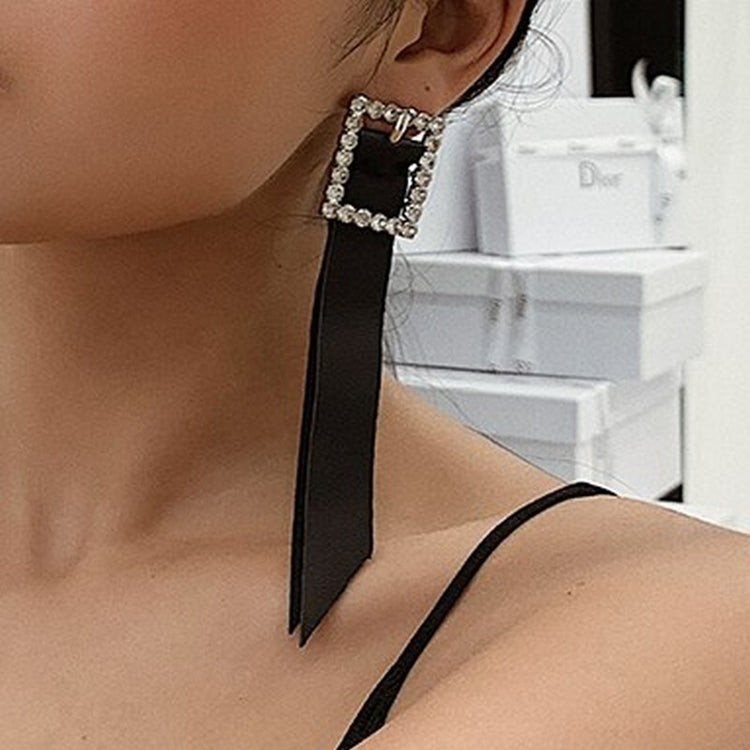 Buckle Black Leather Rhinestone Earrings_5233