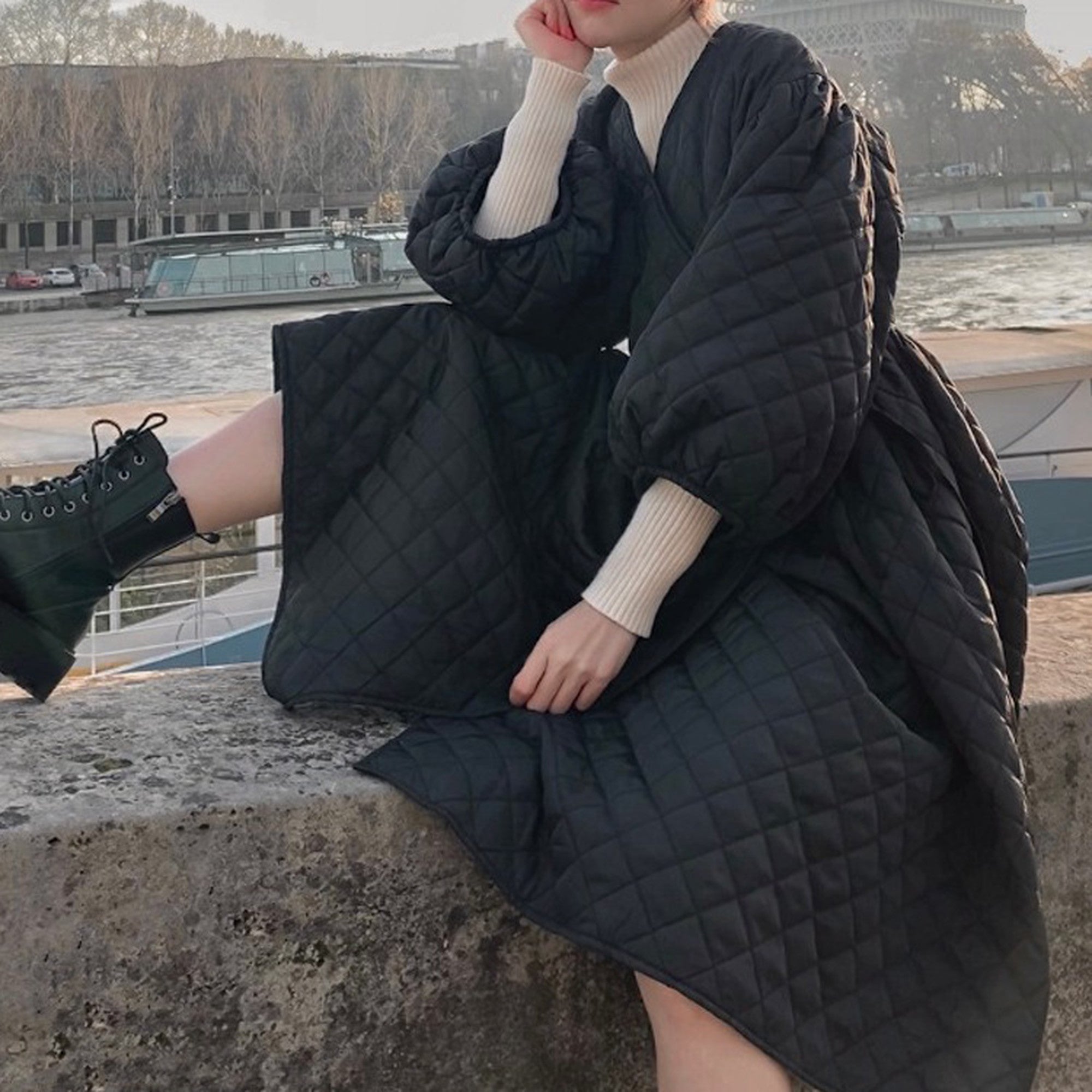 Lantern Sleeve Quilted Volume Outerwear_5352
