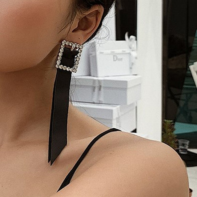 Buckle Black Leather Rhinestone Earrings 5233