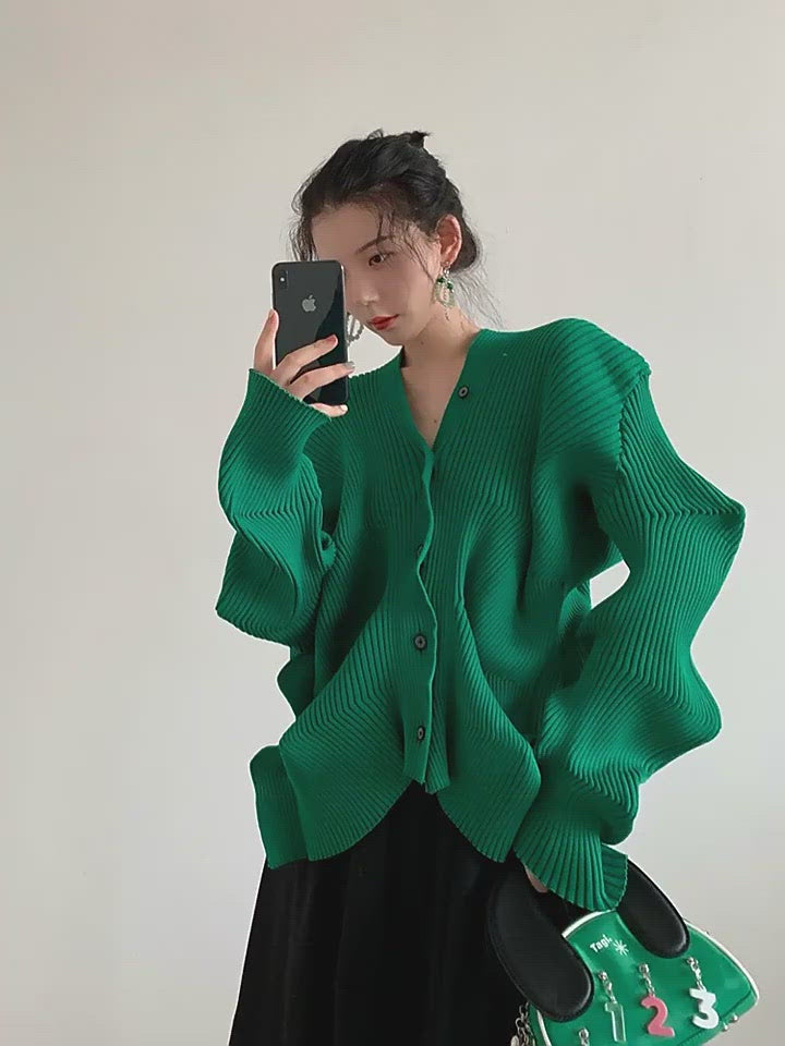 Green deformation ribbed cardigan H3386